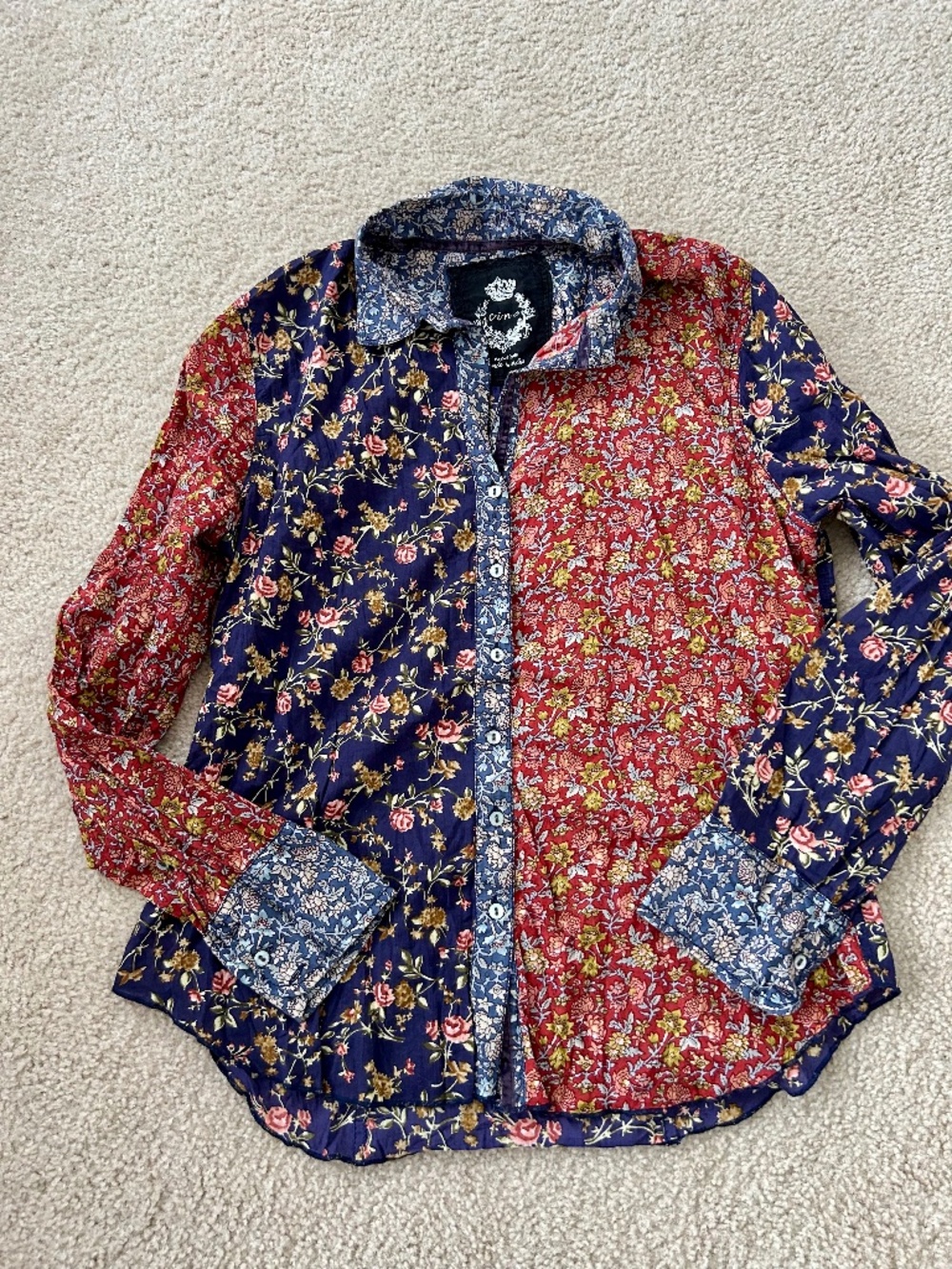 Santiago Mixed Floral Button-Up Cotton Shirt Women Sz Medium by Cino
